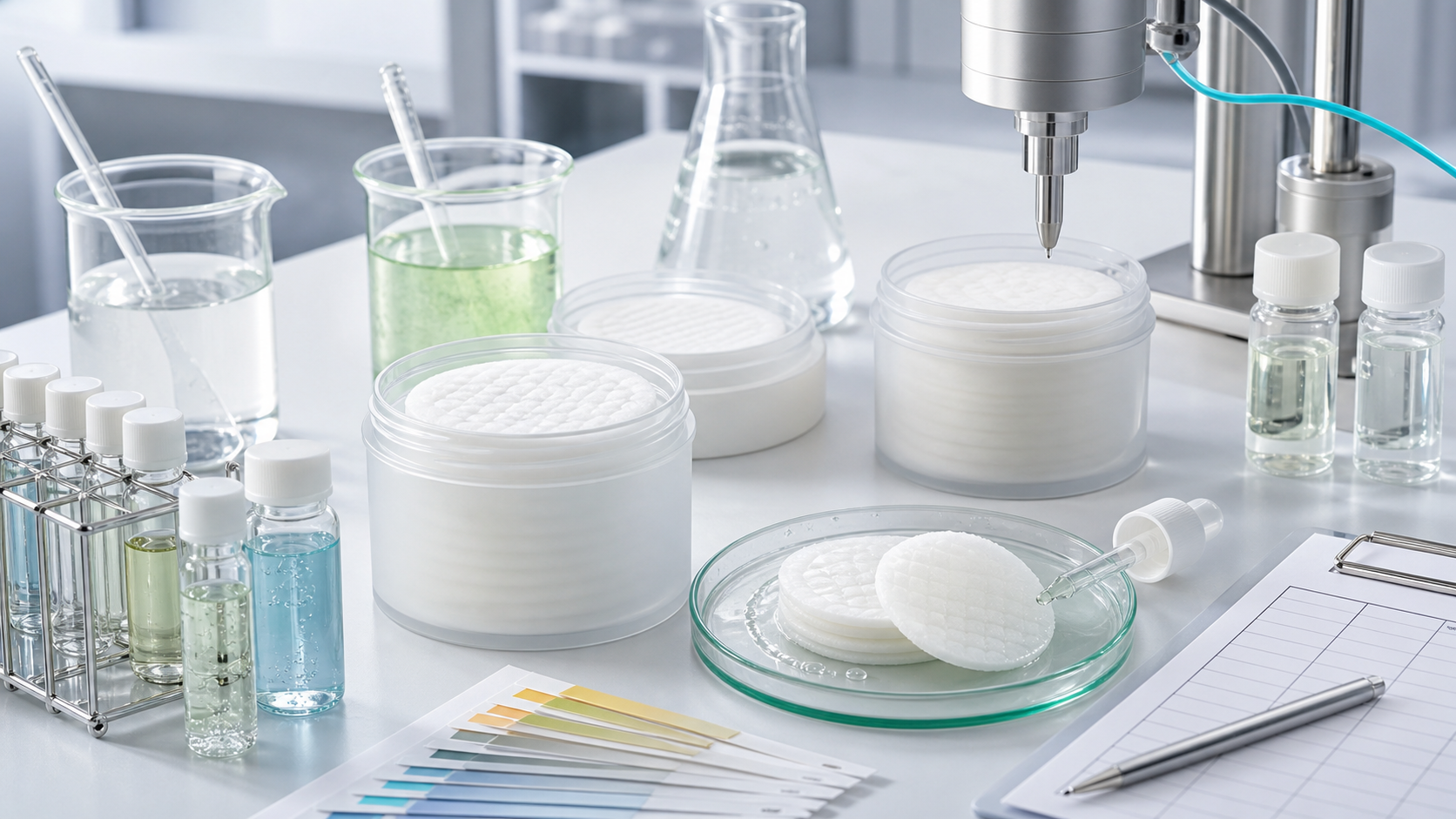Toner pad OEM ODM development with unbranded jars, embossed pads, essence beakers, pH strips and QC checklist