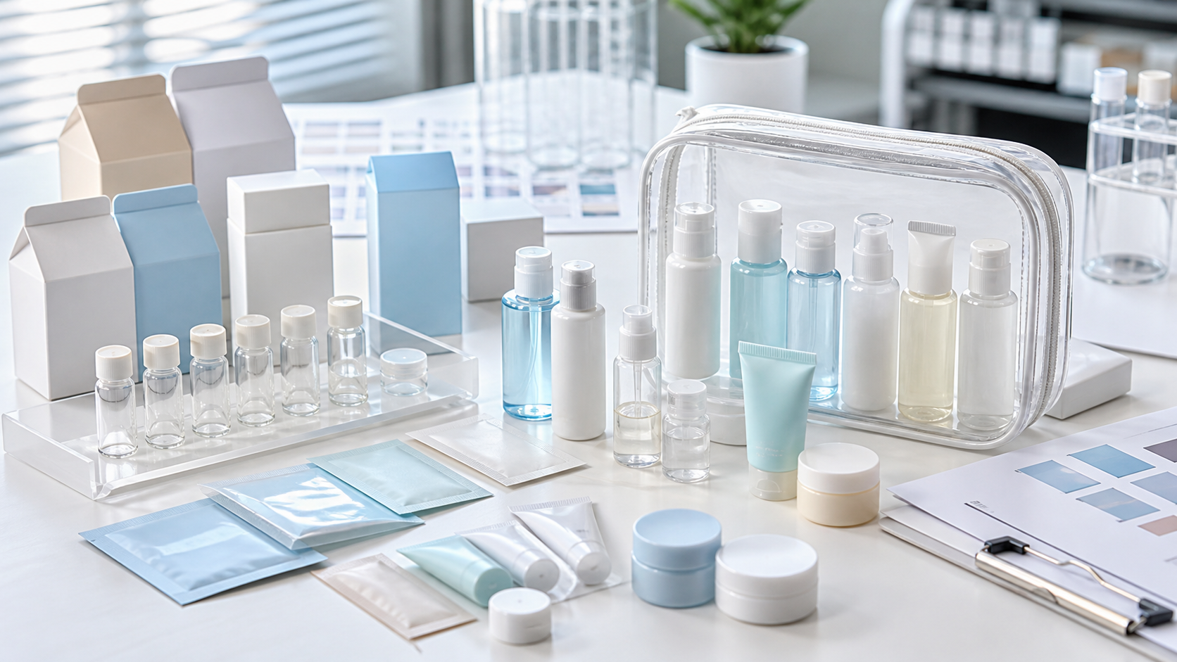 Travel-friendly private label skincare product development with mini bottles sachets tubes sample packaging and unbranded cosmetic bag