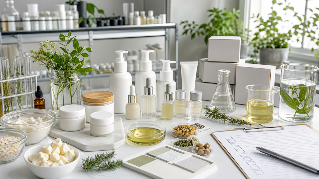 Vegan Skincare Manufacturing: What Brands Should Consider Vegan skincare manufacturing with unbranded skincare bottles botanical raw materials blank packaging and lab quality checklist