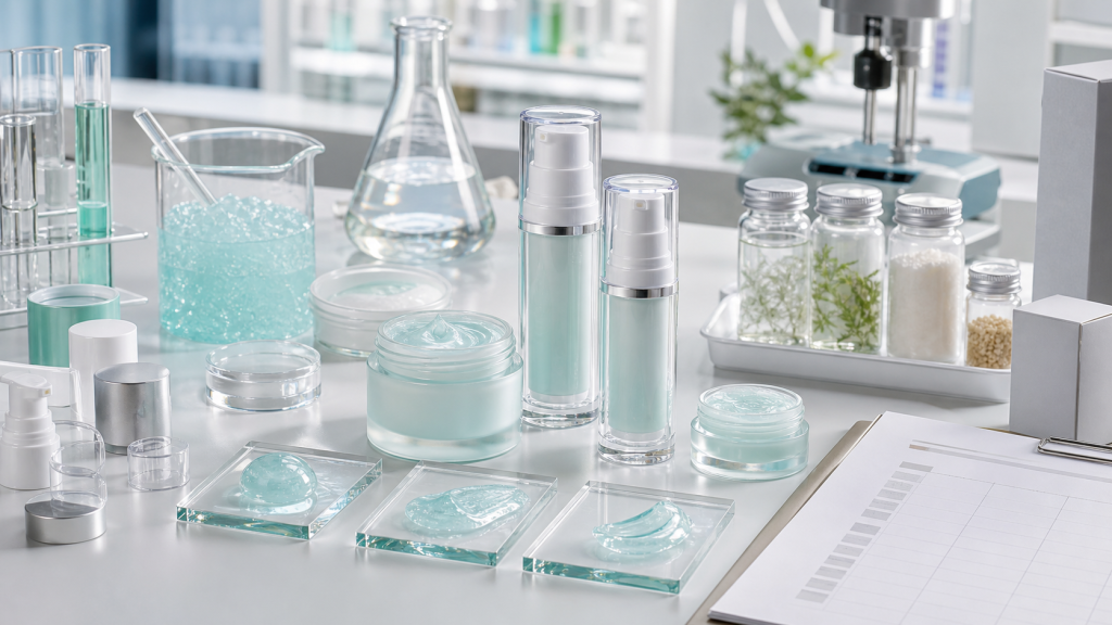 Water Cream Moisturizer OEM/ODM Guide for Brands Water cream moisturizer OEM ODM development with unbranded jars, airless pumps, aqua gel texture swatches, beakers and QC checklist