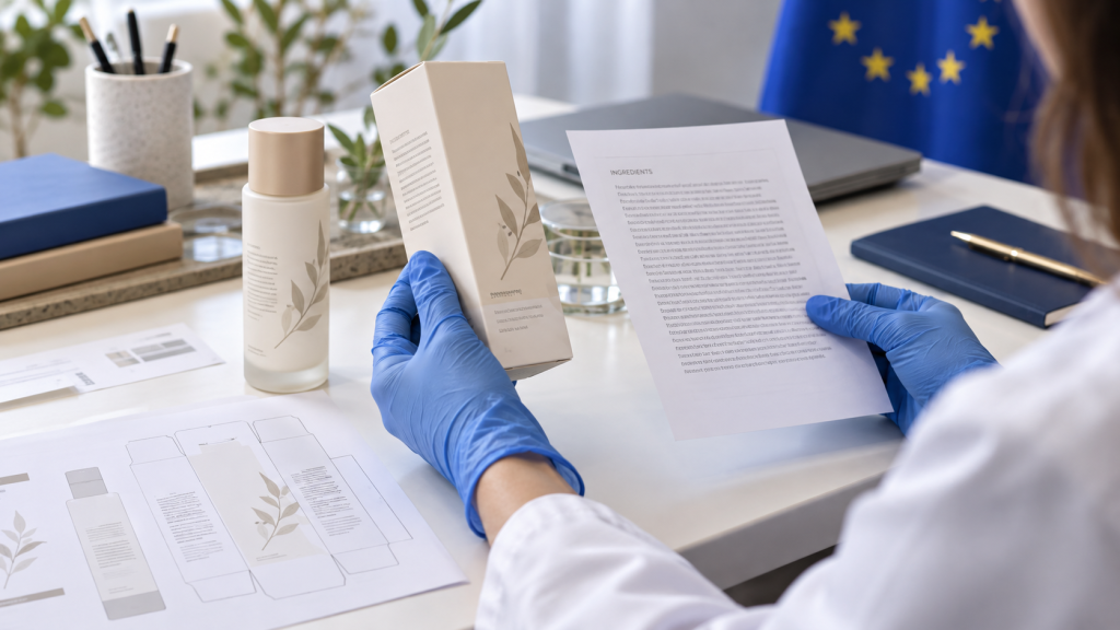 ข้อกำหนดฉลากเครื่องสำอาง EU: คู่มือครบถ้วน Unbranded cosmetic bottle and carton under EU label artwork review by a quality specialist