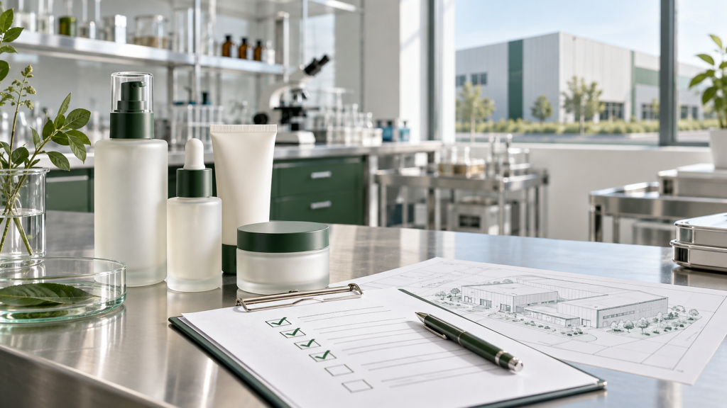 AI-generated flat lay of white cosmetic bottles and a U.S. compliance document in a laboratory-style setting.