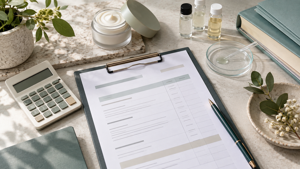 การปฏิบัติตามข้อกำหนดเครื่องสำอาง EU มีค่าใช้จ่ายเท่าไร? Cosmetic compliance planning documents beside a skincare bottle and calculator