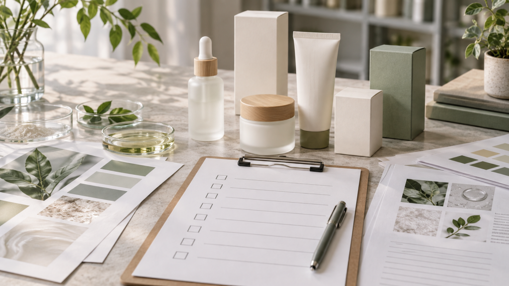 เครื่องสำอางแบรนด์ตัวเองสำหรับยุโรป: รายการตรวจปฏิบัติตามกฎ Private label skincare packaging beside an EU compliance checklist and safety documents