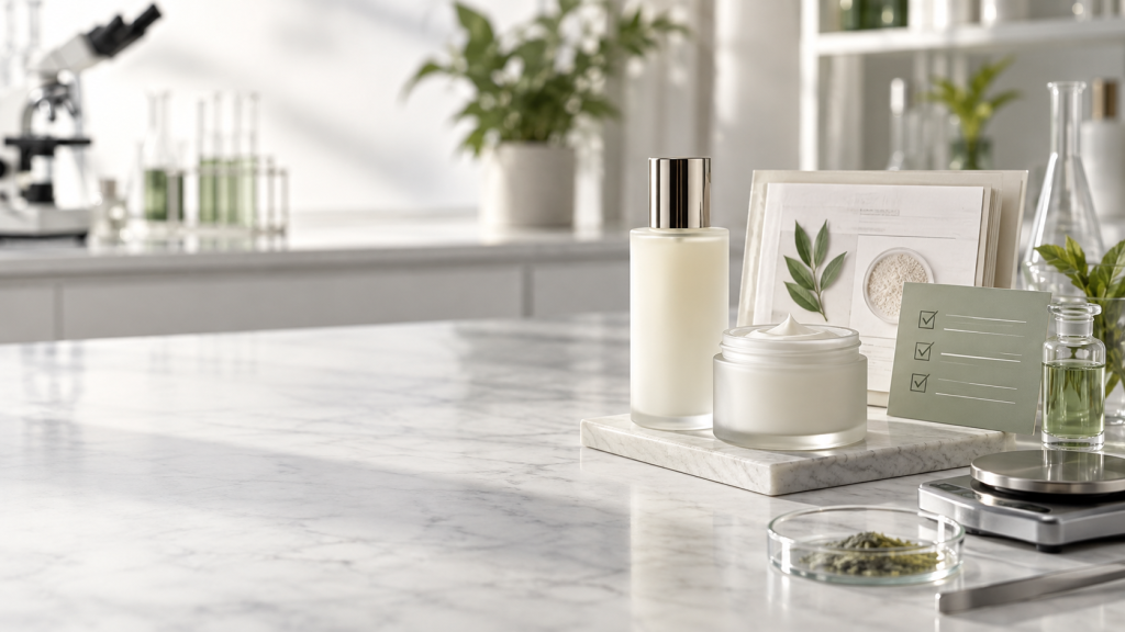 Unbranded cosmetic products and ingredient review materials in a quality-control laboratory