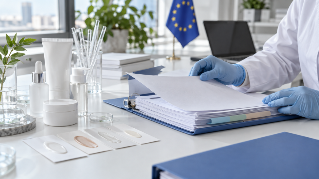 ¿Qué documentos debe incluir un PIF cosmético? Especialista con guantes revisando un expediente de información sobre un productoo cosmético junto a muestras de cuidado de la piel sin marca