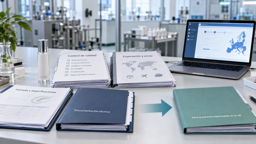 ¿Puede un fabricante cosmético chino apoyar el cumplimiento del CPNP? Diagrama de documentación técnica de un fabricante cosmético con fórmula, control de calidad, estabilidad, seguridad y envío para la persona responsable en la UE