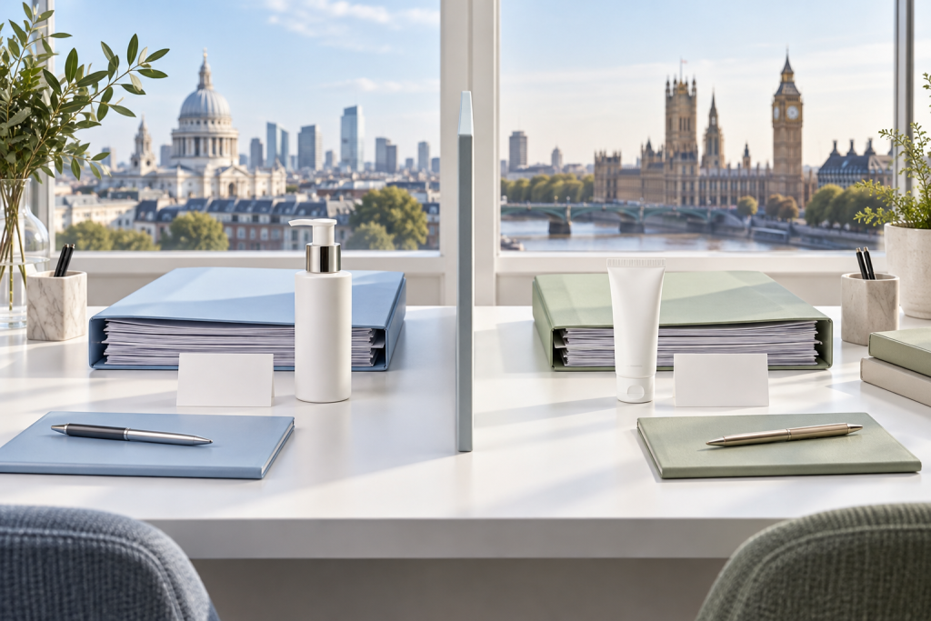 Normativas cosméticas de la UE y del Reino Unido: diferencias clave Dos puestos separados de revisión cosmética con carpetas azules y verde salvia, envases sin marca y tarjetas en blanco junto a una división.