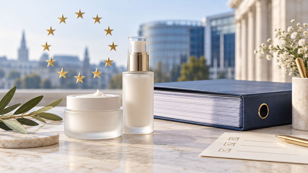 Explicación del Reglamento de Cosméticos 1223/2009 de la UE productos cosméticos sin marca con archivador de cumplimiento de la UE y lista de calidad normativa