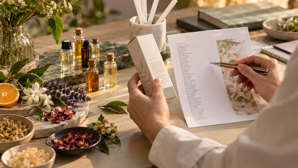Requisitos de etiquetado de alérgenos cosméticos de la UE Ingredientes botánicos de fragancias y caja cosmética sin marca durante una revisión del etiquetado de alérgenos