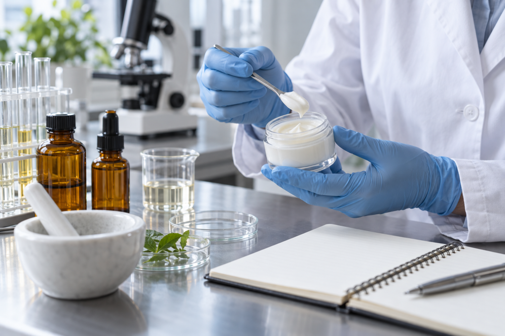 Requisitos del informe de seguridad cosmética del Reino Unido Manos con guantes examinando una muestra de crema junto a material de vidrio de laboratorio y un cuaderno técnico en blanco.