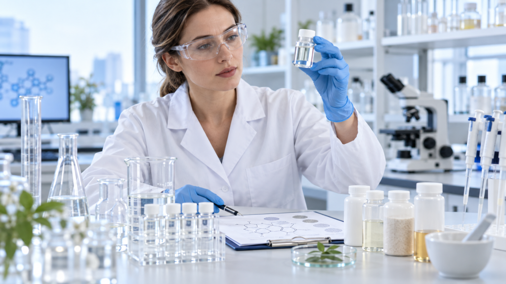 Restricciones de ingredientes cosméticos de la UE explicadas Química cosmética con guantes revisando ingredientes de fórmulación y viales de muestras en un laboratorio
