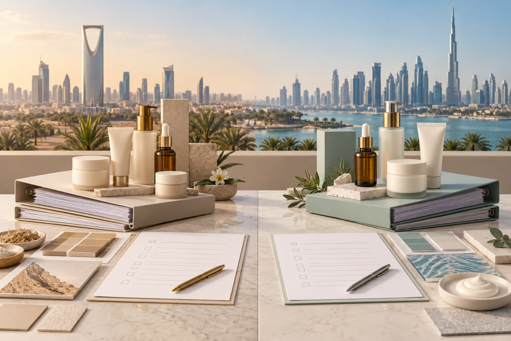 Two cosmetic product dossiers with unbranded skincare packaging and Riyadh and Dubai skyline silhouettes