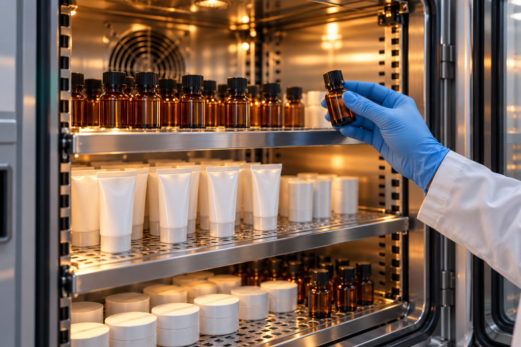 Amber cosmetic bottles and white tubes arranged inside a stability chamber beside a gloved hand.