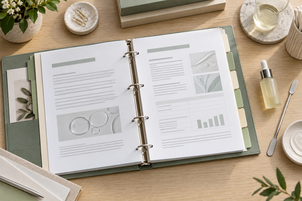 متطلبات ملف معلومات مستحضر التجميل في المملكة المتحدة مجلد فني مفتوح ذو فواصل منظّمة، بجوار قارورة سيروم بلا علامة تجارية وملعقة مختبرية.