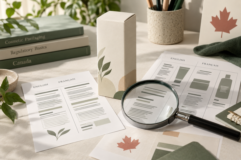 AI illustration of bilingual cosmetic label layouts, a carton and magnifying glass for a Canadian artwork review