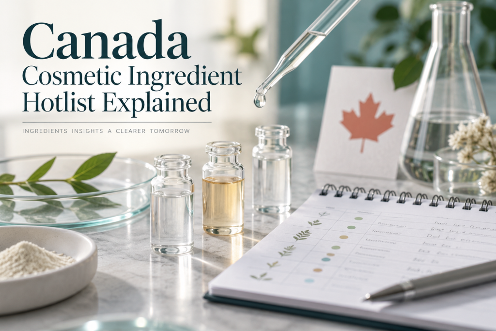 AI illustration of a pipette, ingredient vials and a notebook for Canadian cosmetic ingredient screening