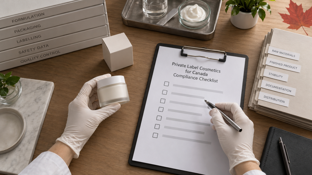 Mãos com luvas revisando uma amostra de cosmético de marca própria e uma lista de verificação para a entrega da documentação de conformidade canadense