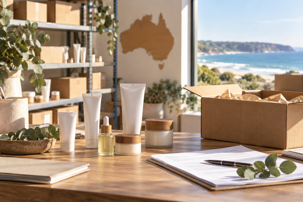 Unbranded cosmetic bottles and launch documents on a desk with eucalyptus and an Australian map