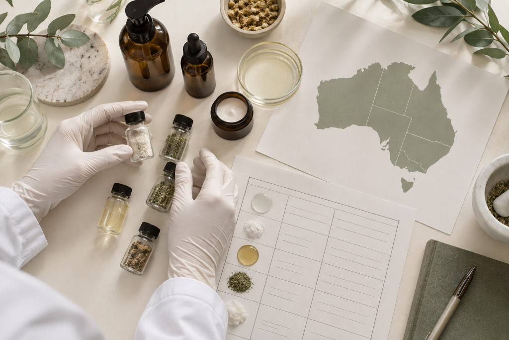 AICIS Requirements for Cosmetic Brands Gloved hands arranging cosmetic ingredient samples beside an Australian map and a review worksheet