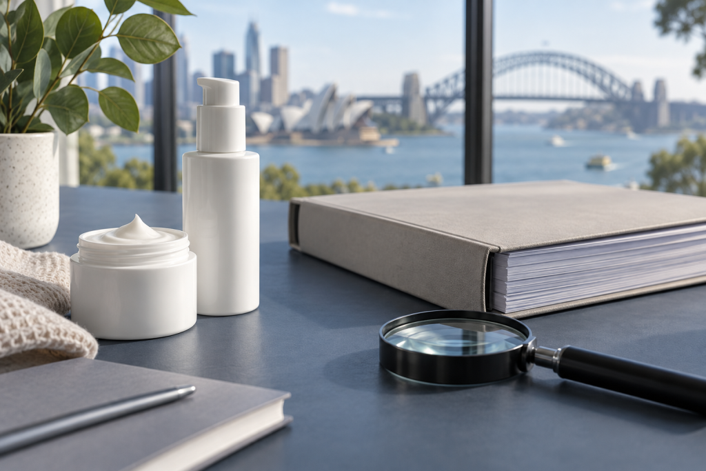 Do Cosmetics Need TGA Approval in Australia? Unbranded skincare bottles beside a regulatory binder and magnifying glass overlooking Sydney harbour