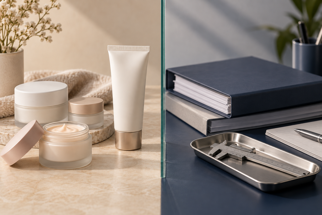 Cosmetics vs Therapeutic Goods in Australia Cosmetic jars separated from documentation and a measuring instrument by a glass partition