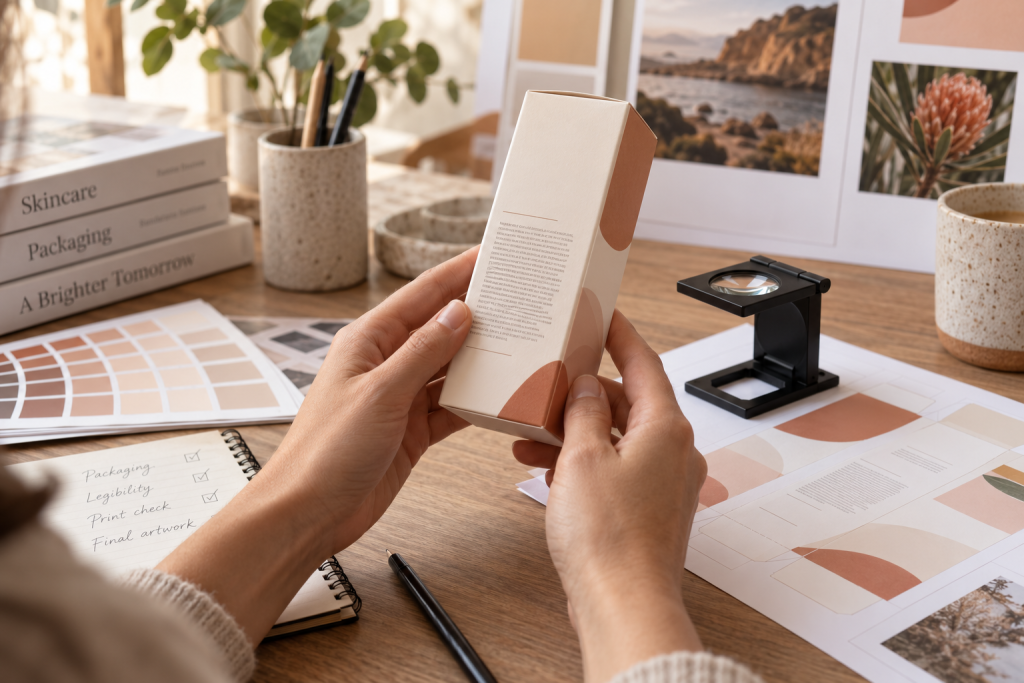 Australian Cosmetic Labeling Requirements Hands reviewing a skincare carton beside print proofs and a packaging inspection loupe