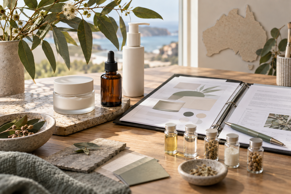 Private Label Cosmetics for Australia: Compliance Guide Unbranded cosmetic bottles and cream jar beside supplier documents, packaging proofs and ingredient samples in an Australian studio