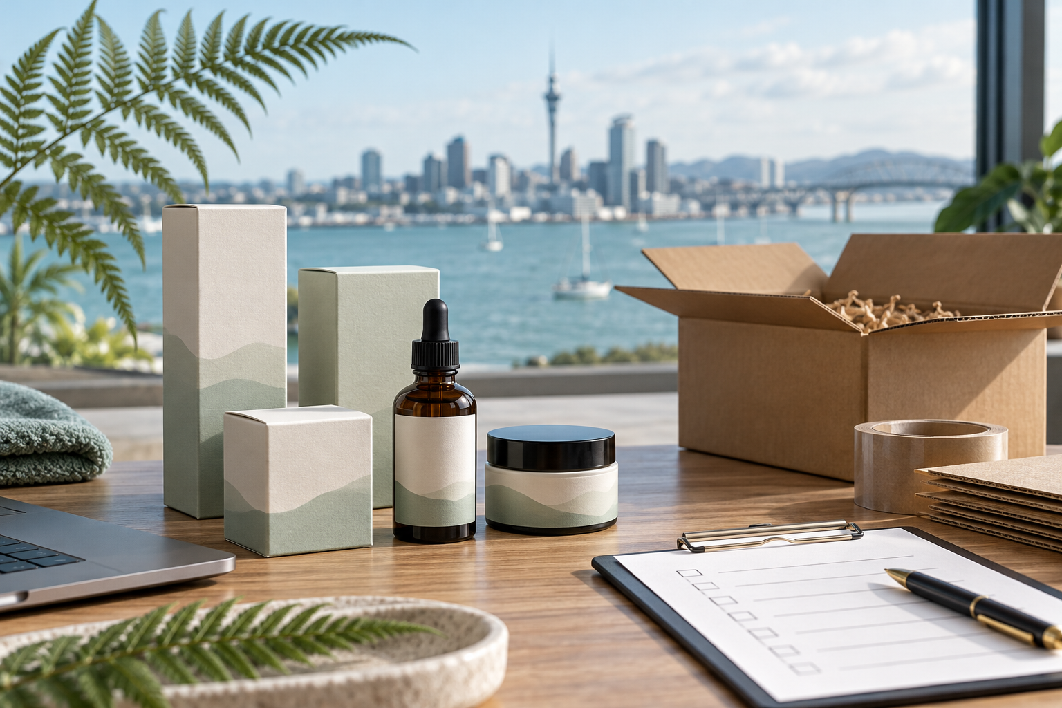 How to Sell Cosmetics in New Zealand Unbranded skincare packaging on an export planning desk with Auckland harbour in the background