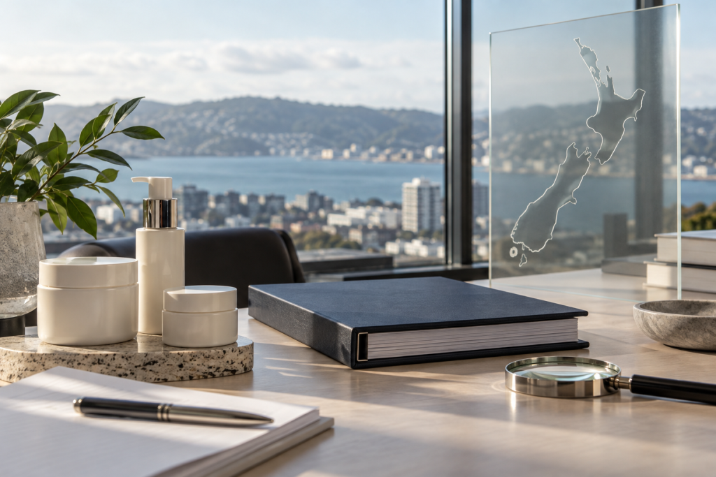 New Zealand Cosmetic Regulations Explained Cosmetic jars beside a regulatory review binder and a New Zealand map in a professional office