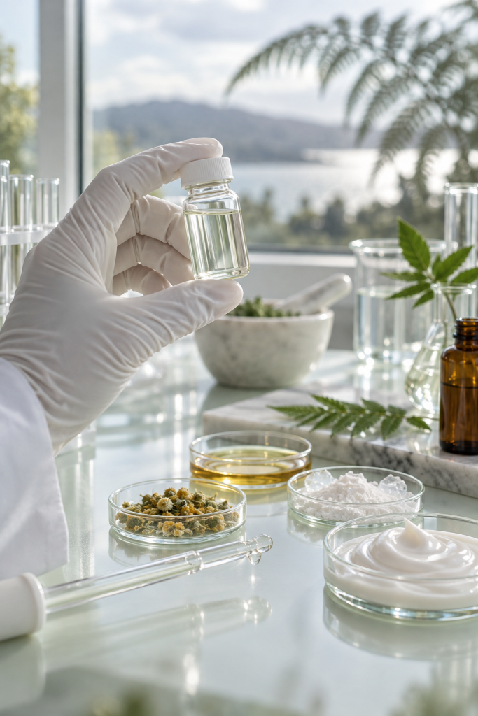 Cosmetic Ingredient Requirements in New Zealand Gloved hand reviewing cosmetic ingredient samples and a serum vial in a bright formulation laboratory