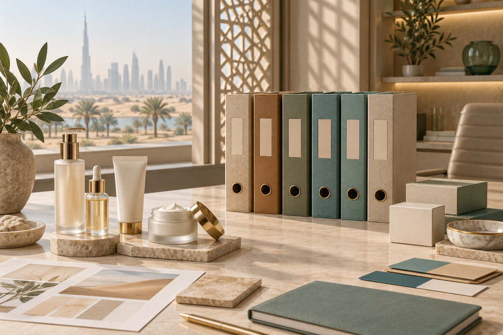 How to Sell Cosmetics in the Middle East Unbranded skincare products and separate market-entry folders on a sunlit desk in a Middle Eastern distribution office