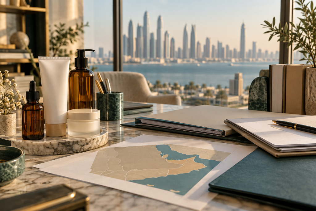 GCC Cosmetic Regulations Explained Unbranded skincare packaging and review folders beside a Gulf region map in a sunlit office