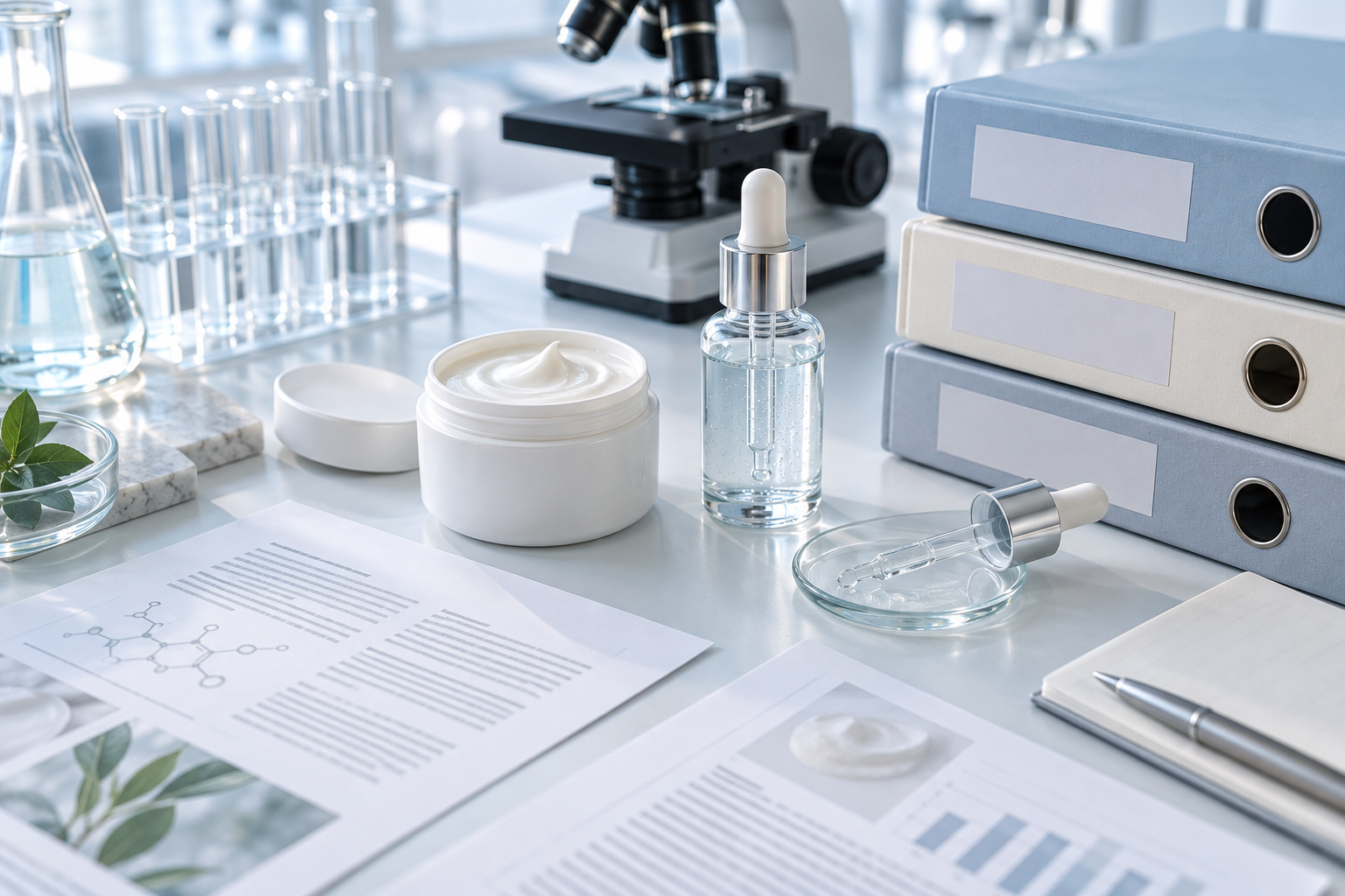 GSO Cosmetic Standards for Beauty Brands Explained Cosmetic jar and serum bottle beside technical review folders and laboratory equipment