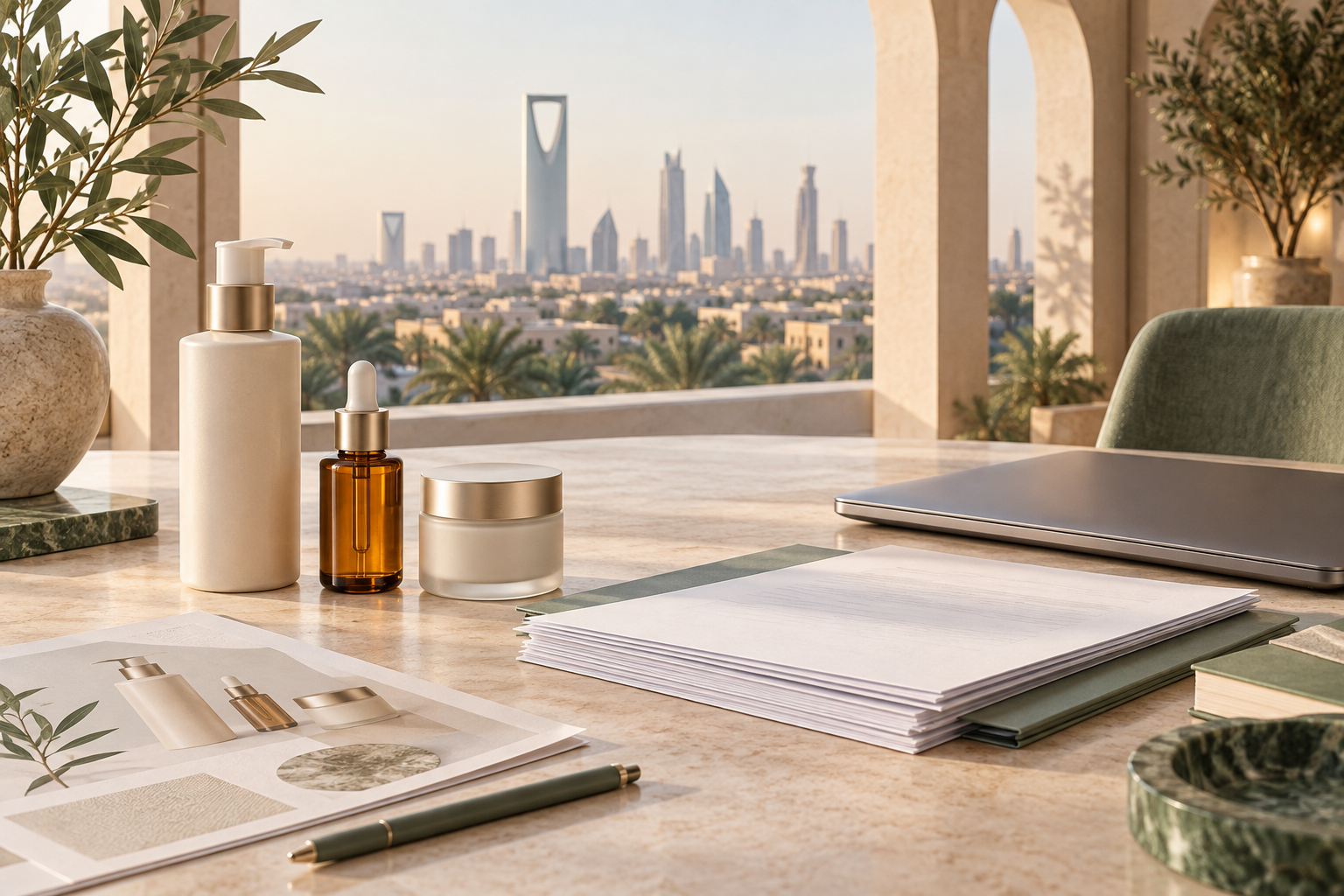 How to Register Cosmetics in Saudi Arabia Unbranded cosmetic bottles and a cream jar beside a product dossier and packaging proof in a Saudi market planning workspace