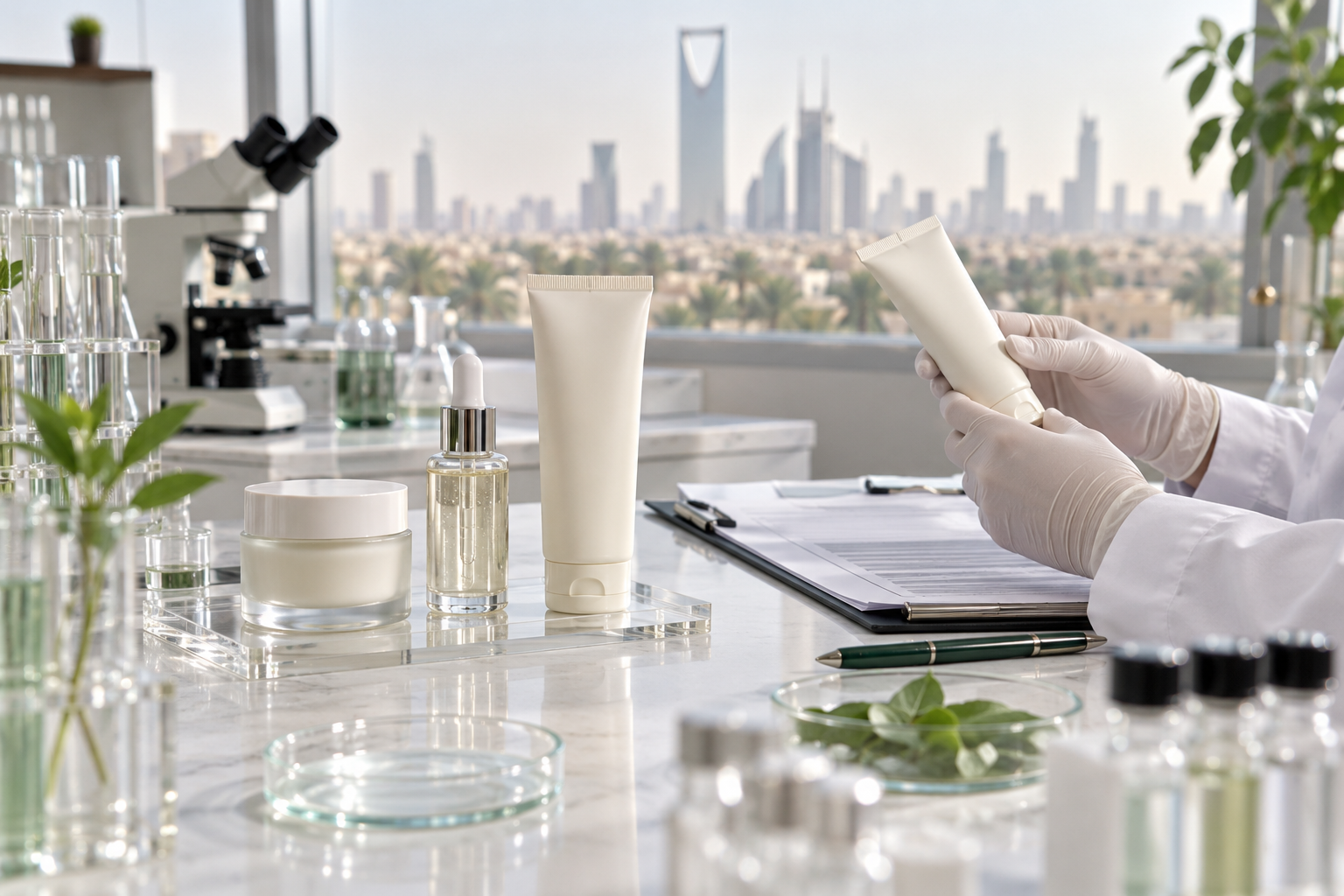 Cosmetic bottles and cream jar on a quality control desk with packaging documents and a gloved reviewer
