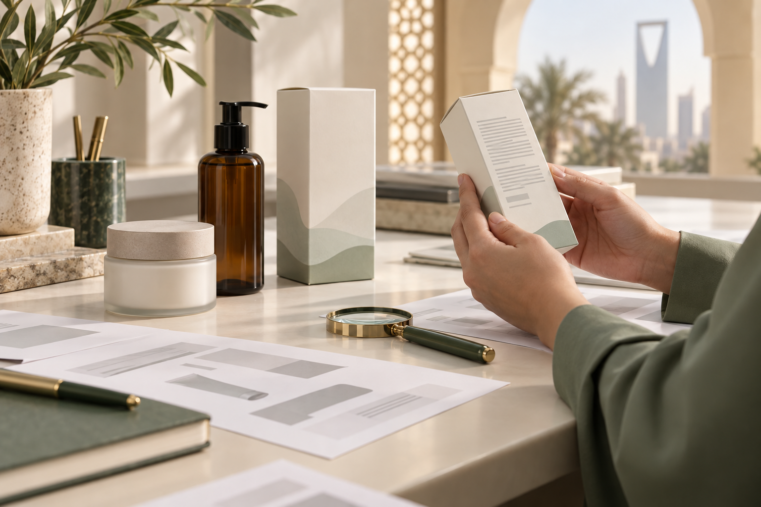 Cosmetic packaging artwork inspection with unbranded bottles, a cream jar, proof sheets and a magnifier in a Saudi market workspace