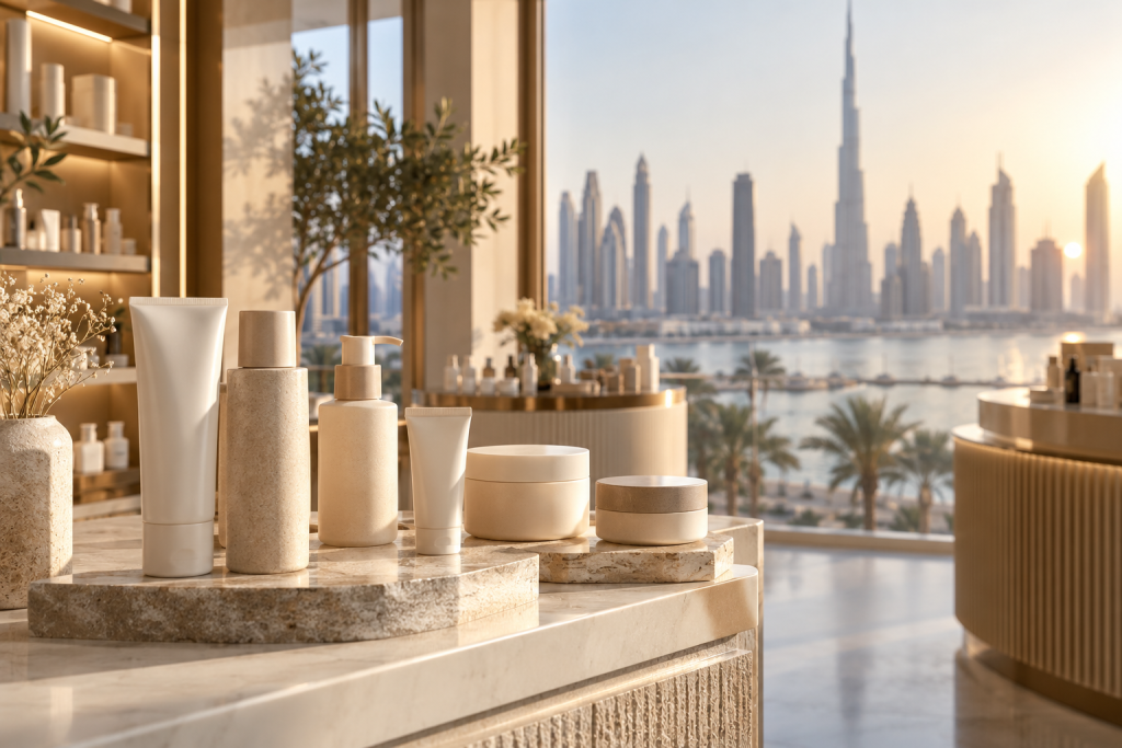 How to Sell Cosmetics in the UAE Unbranded skincare products on a retail display with a softly blurred Dubai skyline