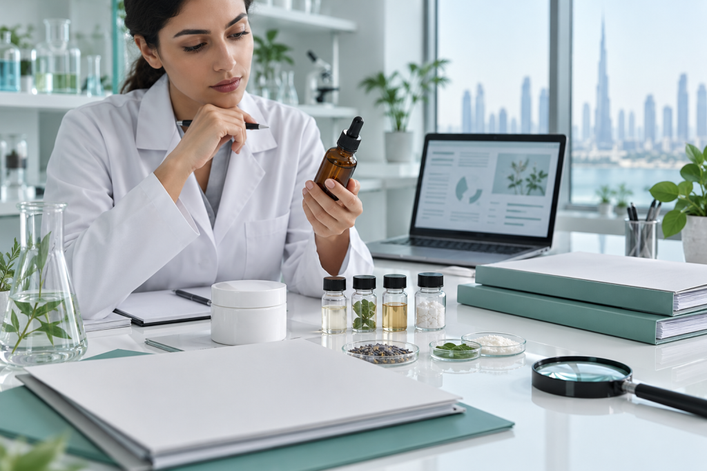 UAE Cosmetic Product Registration Guide Cosmetic bottles, ingredient vials and controlled document folders on a technical review desk