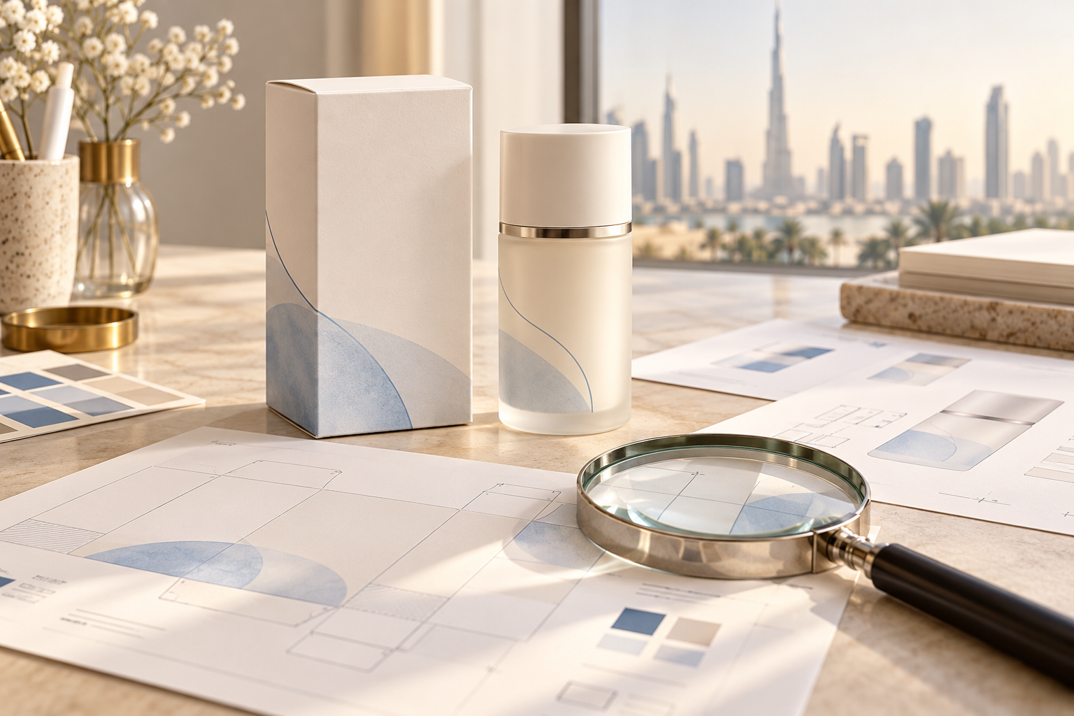 UAE Cosmetic Labeling Requirements Skincare packaging and artwork proofs arranged on a label review desk