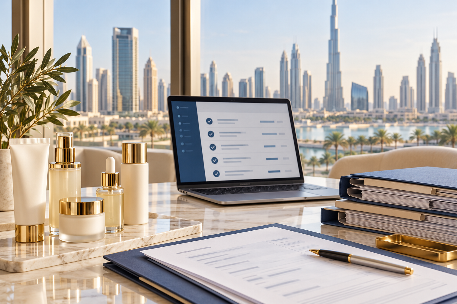 How Cosmetic Product Registration Works in Dubai Cosmetic products and organized application folders in a Dubai office