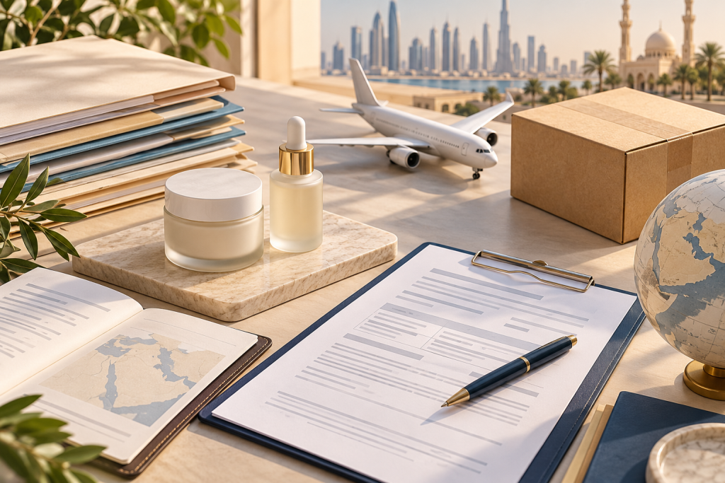 What Documents Are Required to Export Cosmetics to the Middle East? Unbranded skincare products beside organized export document folders, a clipboard and a shipping carton