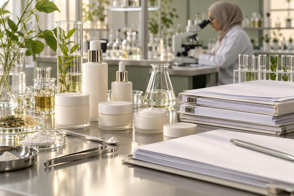 Unbranded skincare bottles and cream jars beside ingredient dossiers and sampling tools on a laboratory workbench