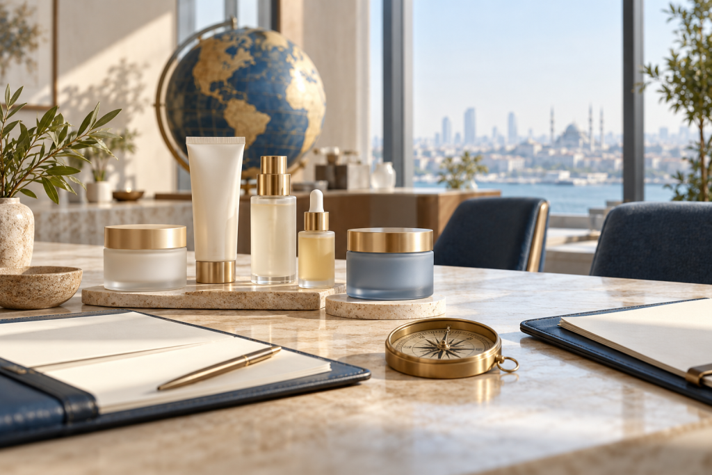 Unbranded skincare products beside open planning folders and a compass on a meeting table with a globe in the background