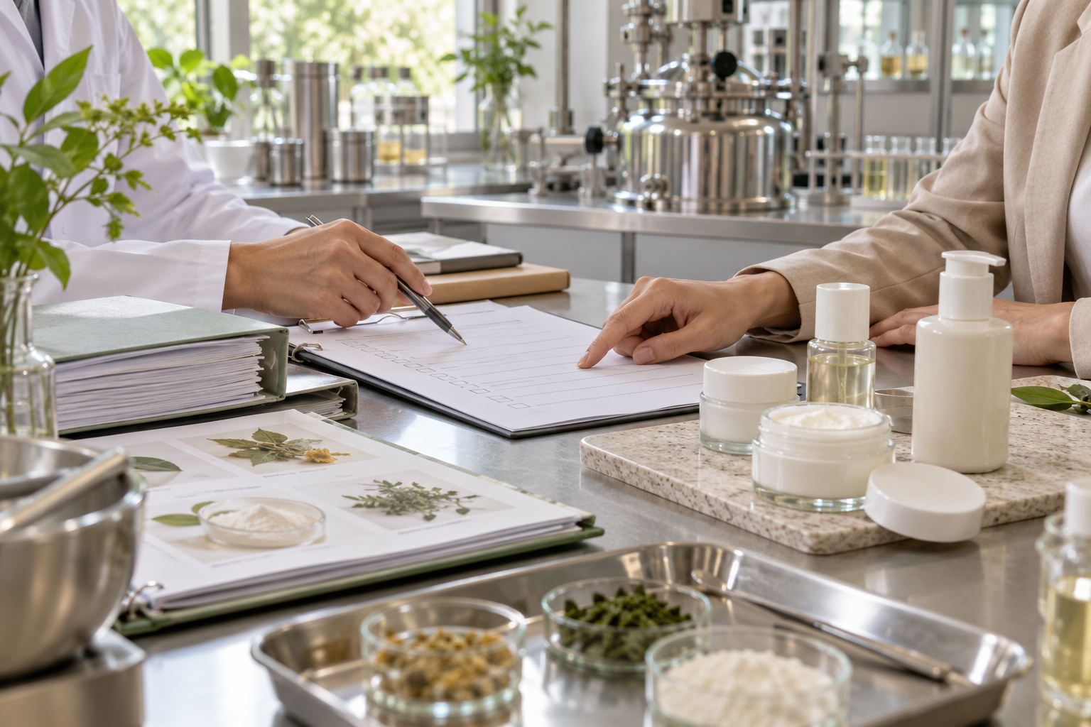 Cosmetic samples and supplier documents being reviewed at a clean laboratory meeting table