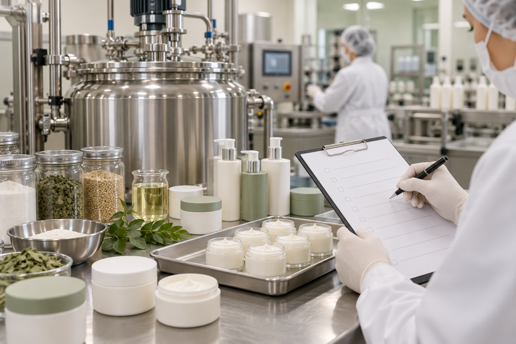 Gloved technician checking batch paperwork beside skincare samples and stainless steel production equipment