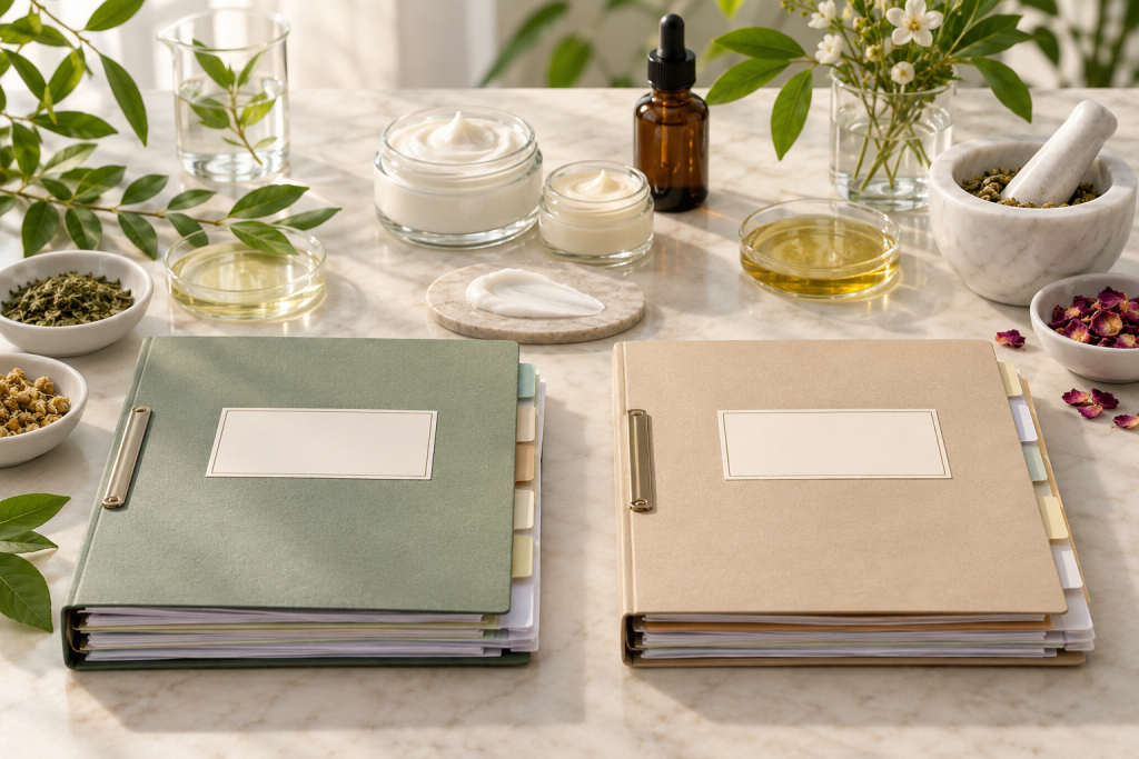 Unbranded cosmetic jars, serum, leaves and ingredient folders arranged on a laboratory table