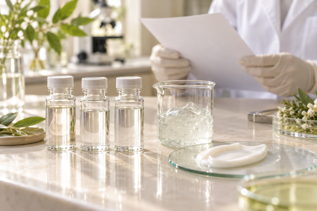 Clear laboratory vials beside cosmetic gel and cream samples with a gloved technician reviewing paperwork
