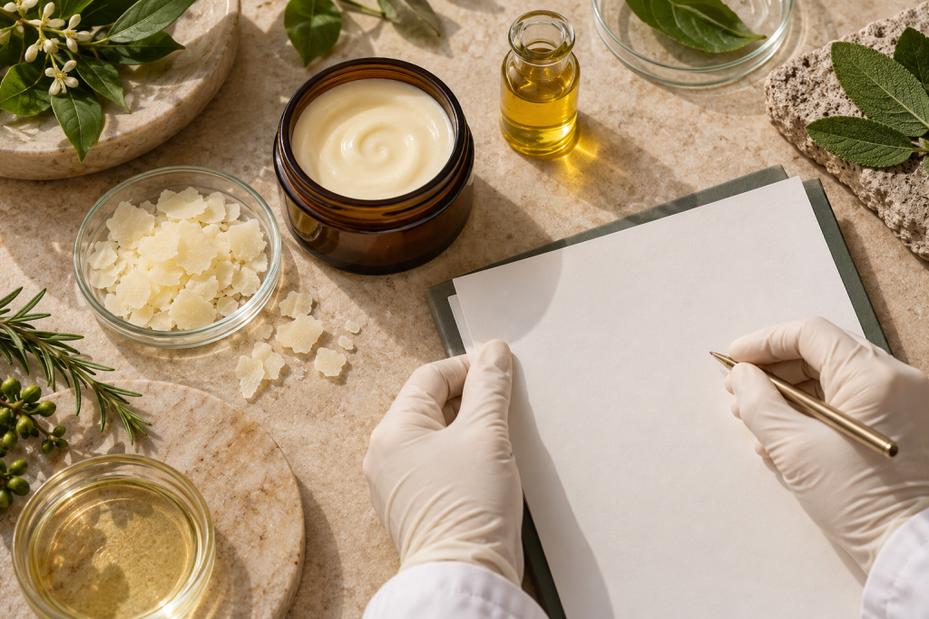 Cosmetic cream, wax flakes and golden oil arranged beside a supplier review document on a stone workbench