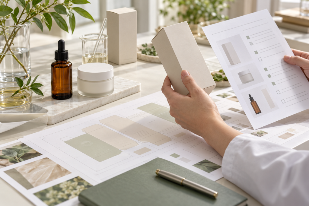 Hands comparing a skincare carton with packaging artwork beside an amber serum bottle and cream jar